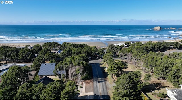 drone / aerial view featuring a water view and a view of the beach
