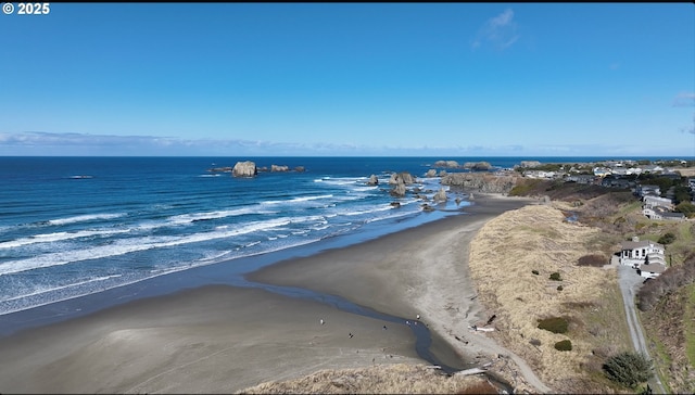 view of water feature with a beach view