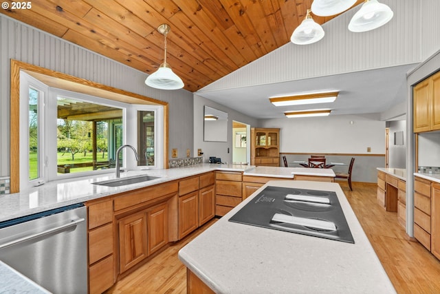 kitchen with black electric cooktop, light wood finished floors, stainless steel dishwasher, and a sink