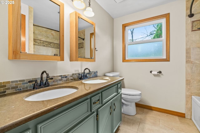 full bath with toilet, a sink, double vanity, and a bathing tub