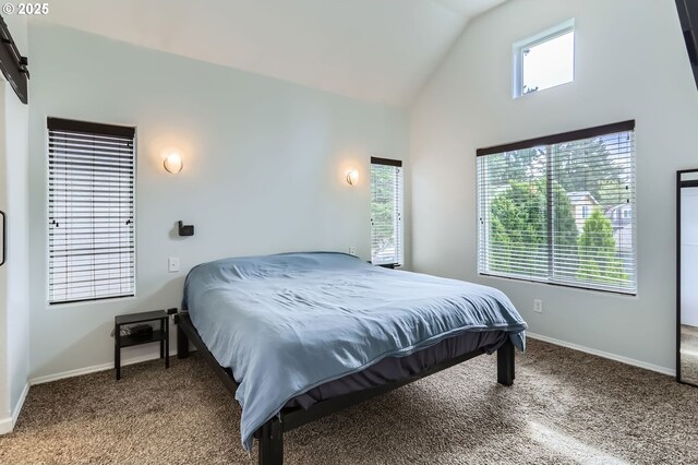 bedroom with carpet flooring, baseboards, and high vaulted ceiling