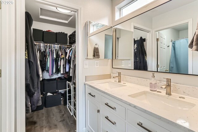 full bathroom with double vanity, a spacious closet, a sink, and wood finished floors