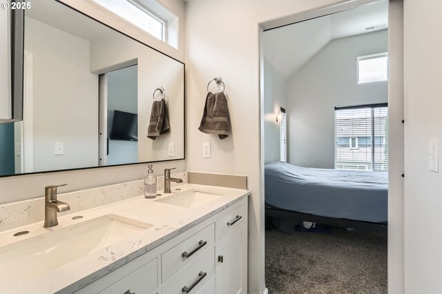 bathroom with plenty of natural light, a sink, and lofted ceiling