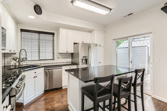 kitchen featuring a sink, appliances with stainless steel finishes, dark wood-style flooring, and dark countertops