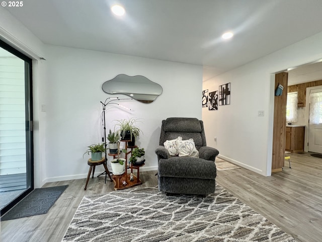 living area with baseboards, recessed lighting, and wood finished floors