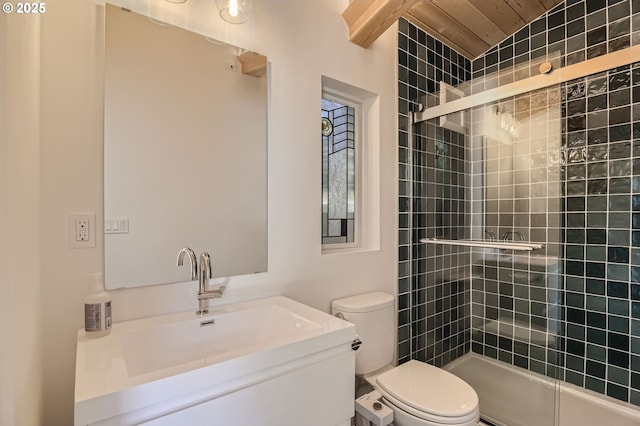933 SE 31st Ave, Portland, OR 97214 - full bath featuring toilet, tiled shower, wooden ceiling, and vanity
