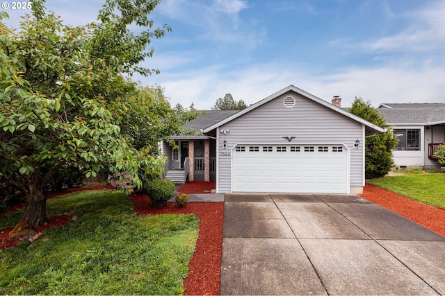 7364 SW 175th Ter, Beaverton, OR 97007 - ranch-style house featuring a garage, a front yard, concrete driveway, a chimney, and a porch