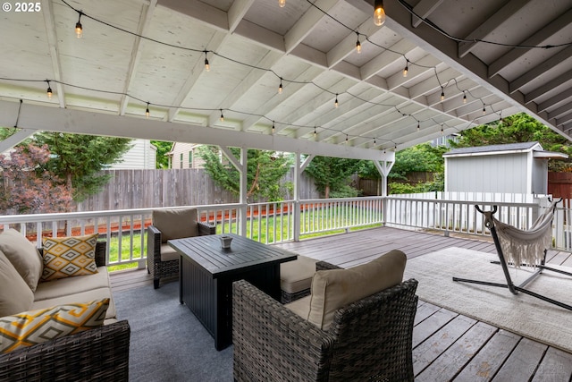 7364 SW 175th Ter, Beaverton, OR 97007 - wooden deck featuring a fenced backyard and outdoor lounge area