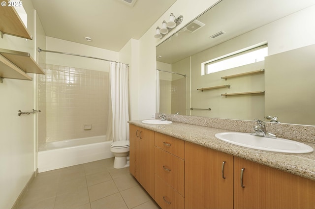 1951 NW Hoyt St, Portland, OR 97209 - full bath with shower / bath combo with shower curtain, tile patterned flooring, double vanity, and toilet