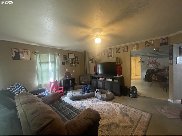 629 NE Johnson St, Myrtle Creek, OR 97457 - living room with a textured ceiling, a ceiling fan, and crown molding