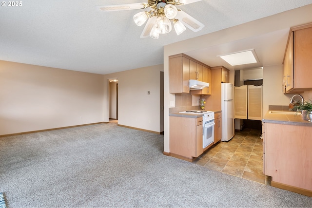 12110 SW King Arthur St, Portland, OR 97224 - kitchen with white appliances, under cabinet range hood, light carpet, a ceiling fan, and light countertops