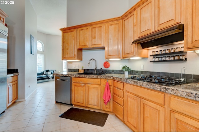 kitchen with ventilation hood, sink, stainless steel dishwasher, light tile patterned floors, and black gas stovetop