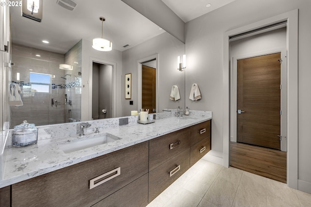 794 S A St, Washougal, WA 98671 - full bathroom with double vanity, a shower stall, and tile patterned floors
