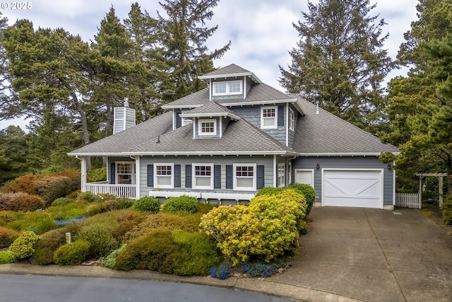 110 SW 61st St, South Beach, OR 97366 - view of front of home with concrete driveway, a chimney, a garage, and roof with shingles