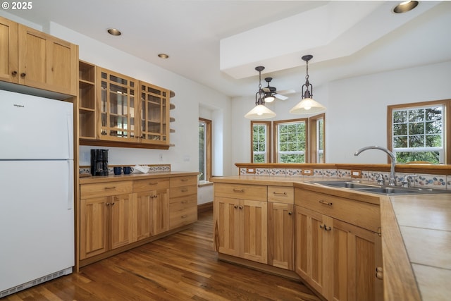 110 SW 61st St, South Beach, OR 97366 - kitchen featuring freestanding refrigerator, a sink, dark wood-type flooring, light countertops, and recessed lighting