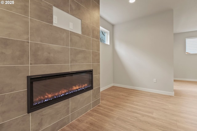 room details with a fireplace and wood-type flooring