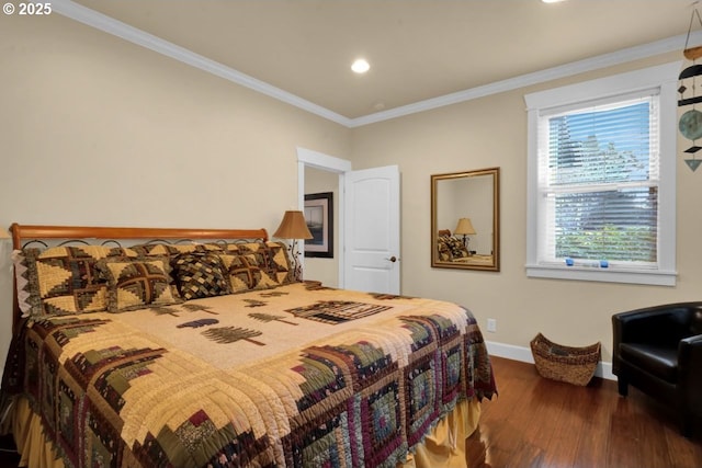 bedroom with recessed lighting, baseboards, dark wood-style floors, and ornamental molding