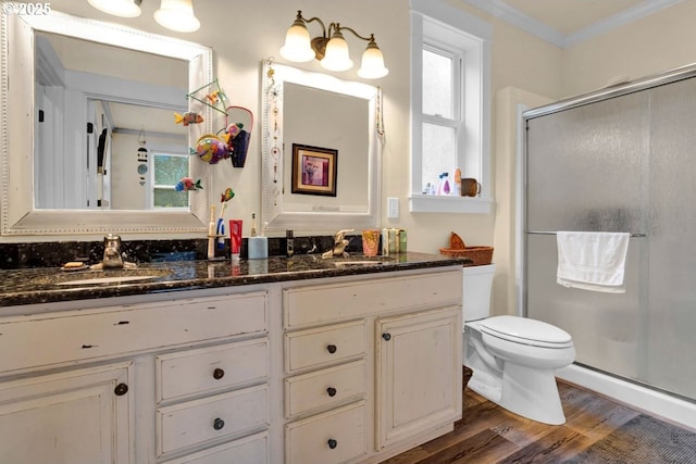 full bathroom with wood finished floors, a stall shower, toilet, and a sink