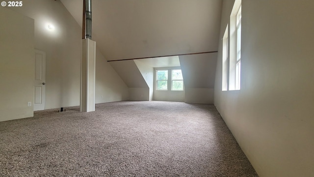 additional living space featuring carpet flooring and high vaulted ceiling