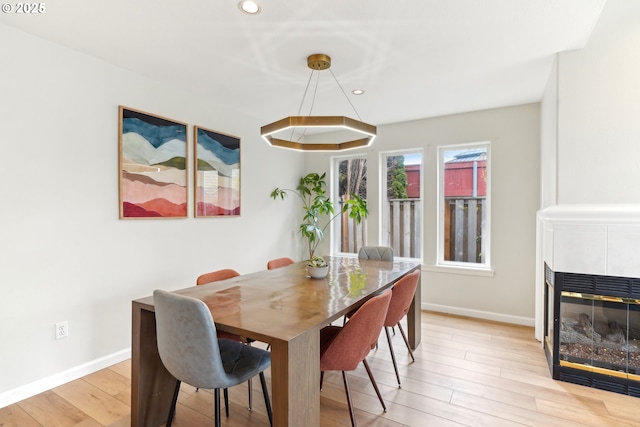 dining room featuring a tiled fireplace and light hardwood / wood-style floors