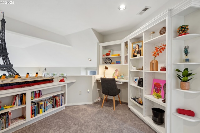 game room featuring built in desk, visible vents, baseboards, and carpet