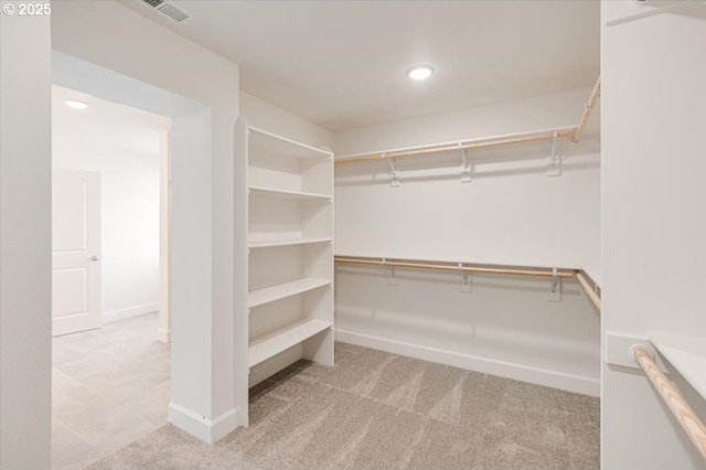 spacious closet featuring light colored carpet