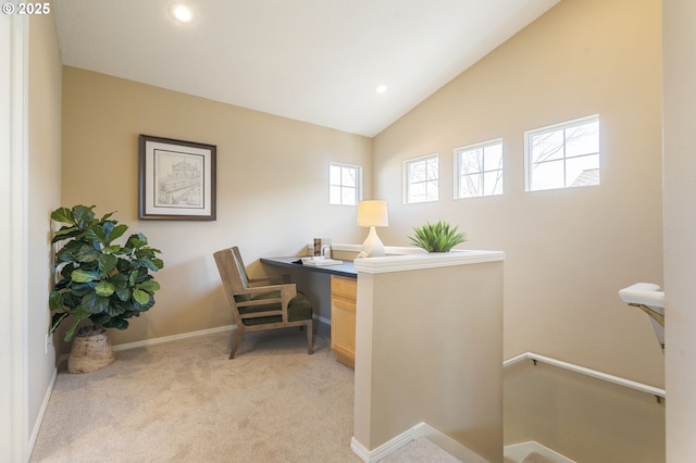 office with recessed lighting, light carpet, vaulted ceiling, and baseboards