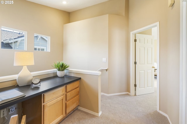 interior space featuring baseboards and light colored carpet