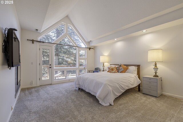 bedroom with access to exterior, visible vents, carpet floors, and baseboards