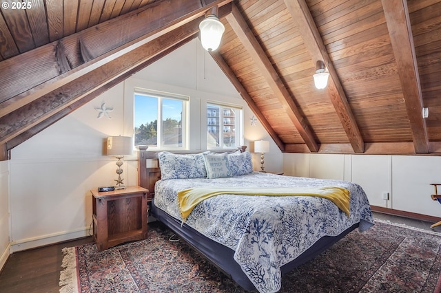 bedroom featuring vaulted ceiling with beams, dark wood-type flooring, and wood ceiling