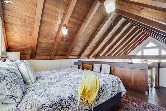 bedroom featuring dark hardwood / wood-style flooring, wood ceiling, and lofted ceiling with beams