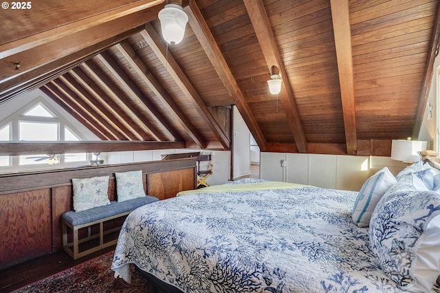 bedroom with wood ceiling, lofted ceiling with beams, dark hardwood / wood-style floors, and wood walls