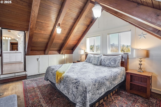 bedroom featuring wood ceiling, lofted ceiling with beams, and dark hardwood / wood-style floors