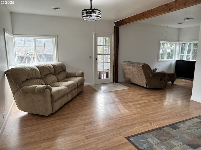 living room featuring light hardwood / wood-style floors, a notable chandelier, and a healthy amount of sunlight