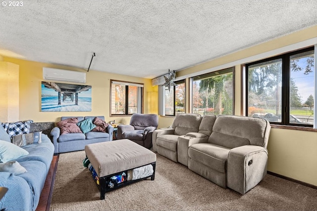 835 E 4th St, La Center, WA 98629 - living area with an AC wall unit, healthy amount of natural light, carpet, and a textured ceiling