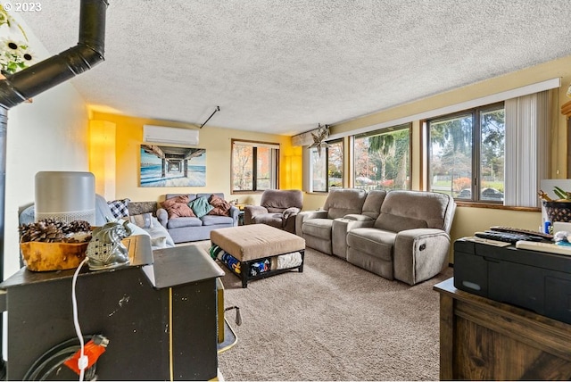 835 E 4th St, La Center, WA 98629 - living room with a wall mounted AC, carpet flooring, and a textured ceiling