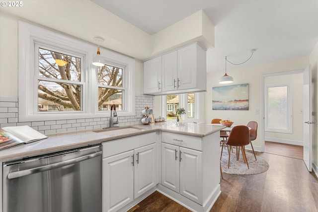 kitchen featuring dark wood-style flooring, white cabinets, a sink, and stainless steel dishwasher