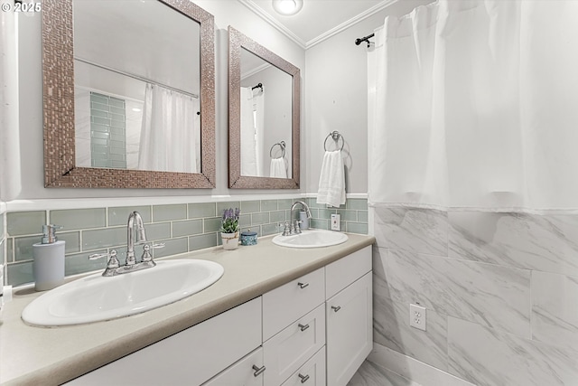 bathroom with double vanity, tile walls, ornamental molding, and a sink