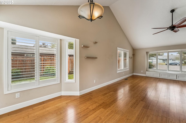 1722 Sequoia Ct, Forest Grove, OR 97116 - unfurnished living room with ceiling fan, high vaulted ceiling, and wood-type flooring