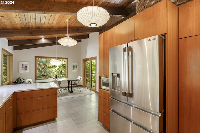 kitchen featuring appliances with stainless steel finishes, brown cabinets, light countertops, wooden ceiling, and lofted ceiling with beams