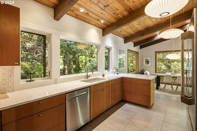 610 Atwater Rd, Lake Oswego, OR 97034 - kitchen featuring stainless steel dishwasher, light countertops, a sink, wooden ceiling, and light tile patterned floors