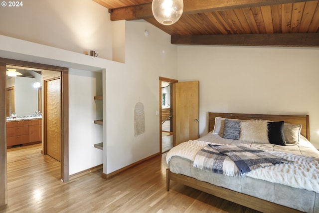 610 Atwater Rd, Lake Oswego, OR 97034 - bedroom featuring wooden ceiling with exposed beams, baseboards, light wood-type flooring, and high vaulted ceiling