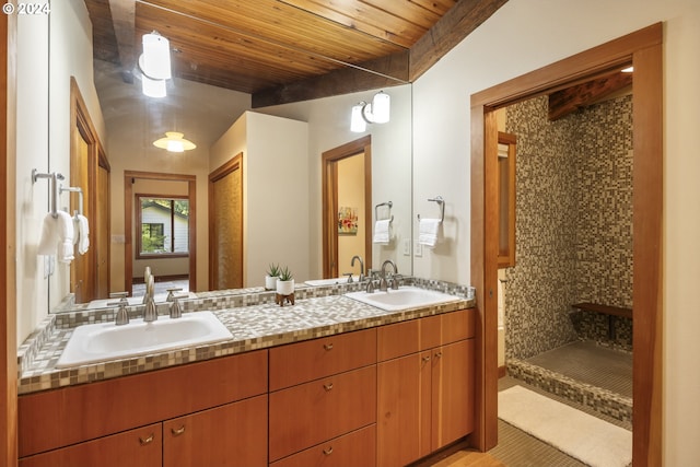 610 Atwater Rd, Lake Oswego, OR 97034 - full bathroom with double vanity, wood ceiling, a tile shower, and tile patterned floors