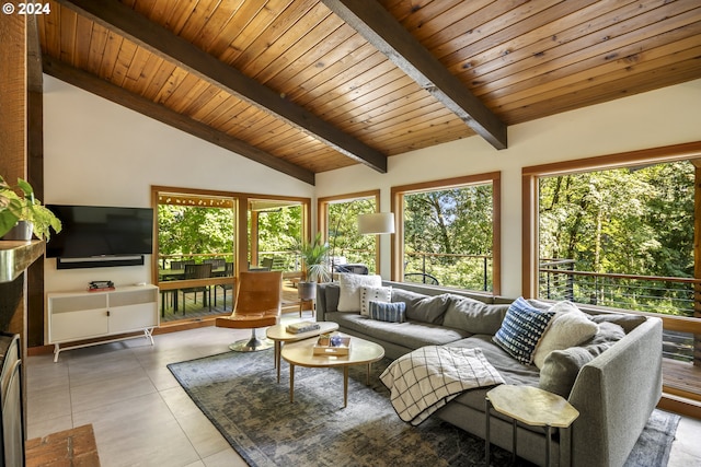 living room featuring wooden ceiling and vaulted ceiling with beams