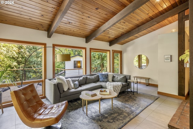610 Atwater Rd, Lake Oswego, OR 97034 - living area featuring wood ceiling, light tile patterned flooring, and baseboards