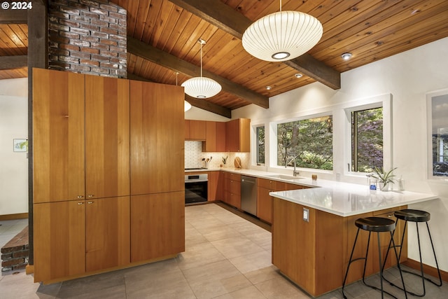 610 Atwater Rd, Lake Oswego, OR 97034 - kitchen with appliances with stainless steel finishes, a sink, a peninsula, light countertops, and wood ceiling