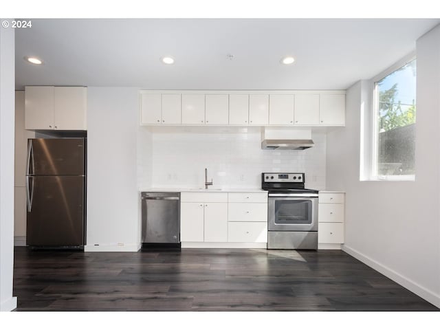 kitchen with appliances with stainless steel finishes, a sink, white cabinetry, decorative backsplash, and range hood