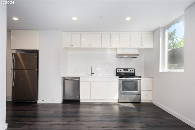 1480 N Jarrett St Unit 103, Portland, OR 97217 - kitchen with appliances with stainless steel finishes, a sink, white cabinetry, decorative backsplash, and range hood