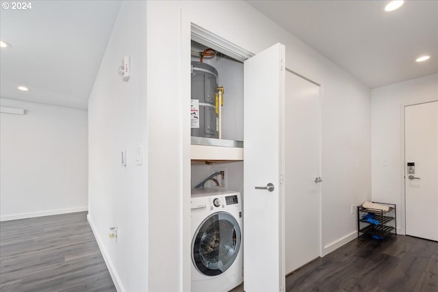 1480 N Jarrett St Unit 103, Portland, OR 97217 - clothes washing area featuring laundry area, water heater, wood finished floors, washer / dryer, and recessed lighting
