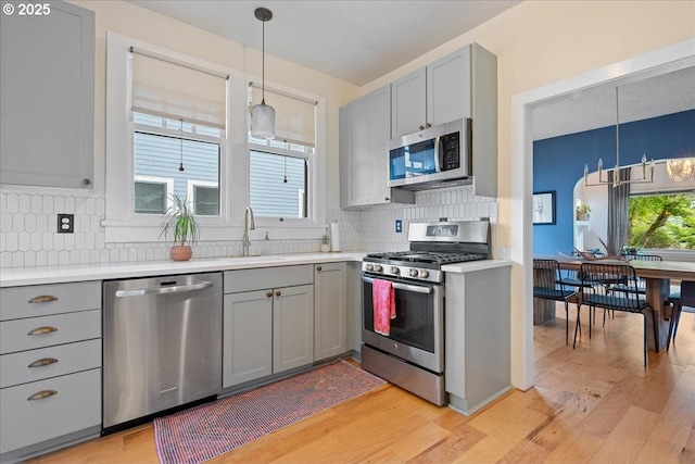 kitchen featuring stainless steel appliances, gray cabinetry, light wood-style flooring, and a sink